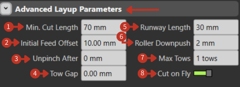 Advanced Layup Parameters interface showing various parameter input fields and Cut on Fly toggle