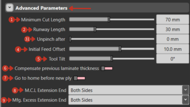 Advanced Parameters interface with Minimum Cut Length, Runway Length, Tool Tilt settings