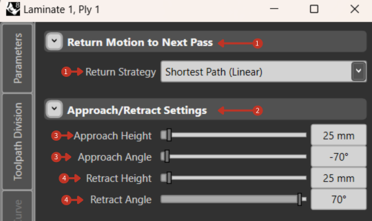 Approach/Retract Settings with height and angle parameters for tool navigation