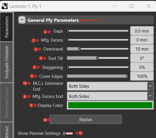 General Ply Parameters interface for Laminate 1, Ply 1 with adjustment sliders and Replan button