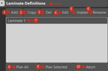 Laminate Definitions interface showing Add, Copy, Del, Edit, Unplan, Rename buttons with Laminate 1