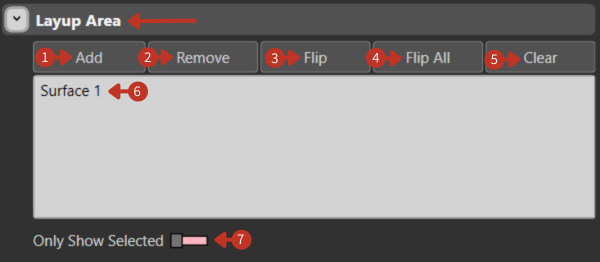 Layup Area interface with Add, Remove, Flip buttons and Surface 1 listed