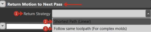 Return Motion Strategy dropdown with Shortest Path and Follow Toolpath options