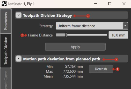Toolpath Division Settings showing strategy dropdown and frame distance controls