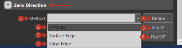 Zero Direction interface with Method dropdown (3 Points, Surface-Edge, Edge-Edge) and control buttons