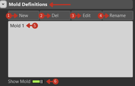 Mold Definitions interface showing New, Del, Edit, Rename buttons with Mold 1 listed