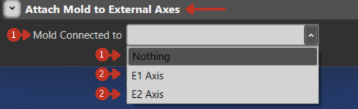 Mold attachment interface showing Mold Connected to dropdown with Nothing/E1/E2 options