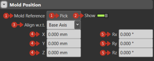 Mold Position interface with Pick button, Show toggle, and coordinate input fields