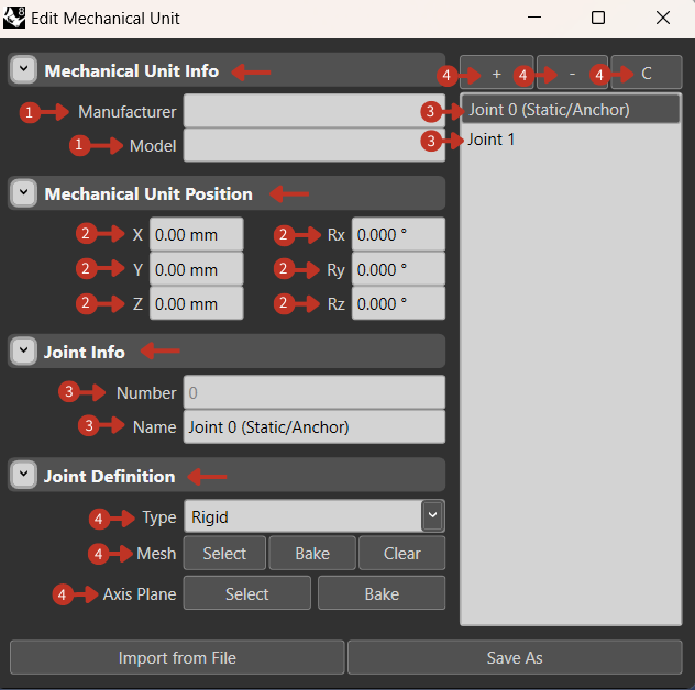 Edit Mechanical Unit window with unit info, position settings, and joint definition