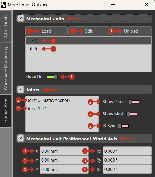 External Axes tab showing Load/Edit/Unload controls and joint configuration