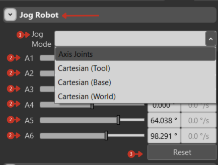 Jog Robot interface with mode dropdown and A1-A6 axis controls with Reset button