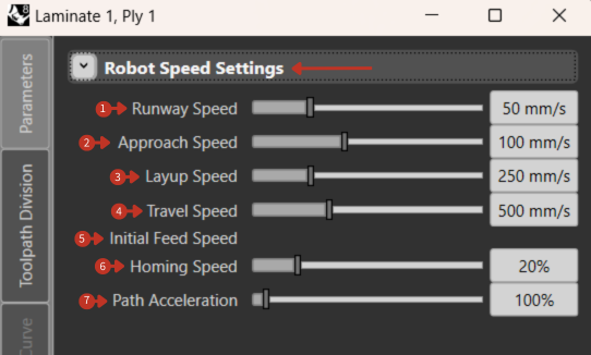 Robot Speed Settings with sliders for Runway, Approach, Layup, Travel and other speeds