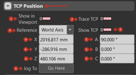 TCP Position interface with Show/Trace toggles, coordinates, and Jog To/Go Here buttons