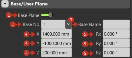 Base/User Plane interface showing Base Plane toggle, Base No dropdown, Base Name field, and coordinate inputs