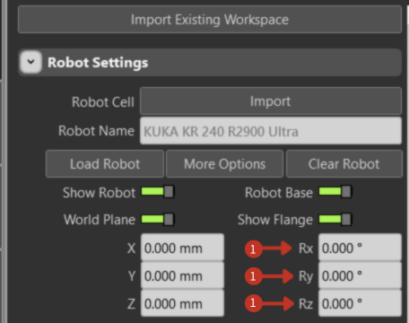 Rotational coordinate input fields for Rx, Ry, Rz with 0.000° values