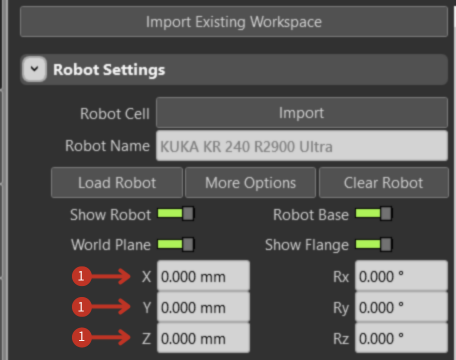Spatial coordinate input fields for X, Y, Z positioning with 0.000 mm values