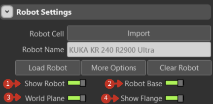 Visibility toggles for Show Robot, Robot Base, World Plane, and Show Flange