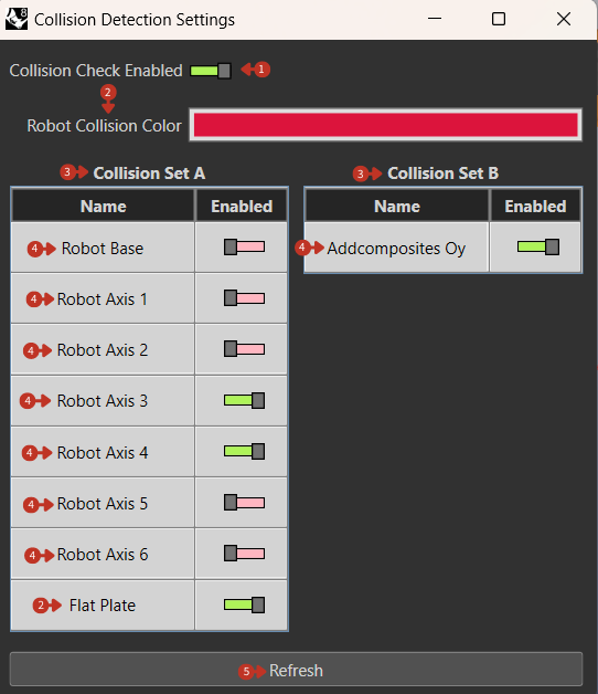 Collision Detection Settings with Collision Set A and B configuration panels