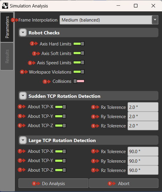 Simulation Analysis interface with Frame Interpolation and Robot Checks configuration