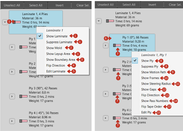 View/Edit interface showing Laminate 1 with 4 plies and contextual menu options