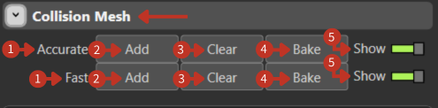 Collision Mesh configuration showing Accurate and Fast options with Add, Clear, Bake buttons and Show toggles