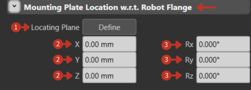 Mounting Plate Location interface showing Define button for Locating Plane and coordinate input fields