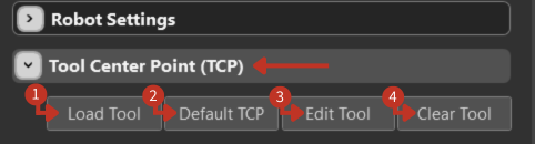 TCP configuration options showing Load Tool, Default TCP, Edit Tool, and Clear Tool buttons