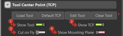 TCP visualization toggles for Show Tool, Show TCP, Cut on Fly, and Show Mounting Plane
