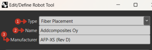 Tool Information panel showing Type: Fiber Placement, Name: Addcomposites Oy, Manufacturer: AFP-XS (Rev D)